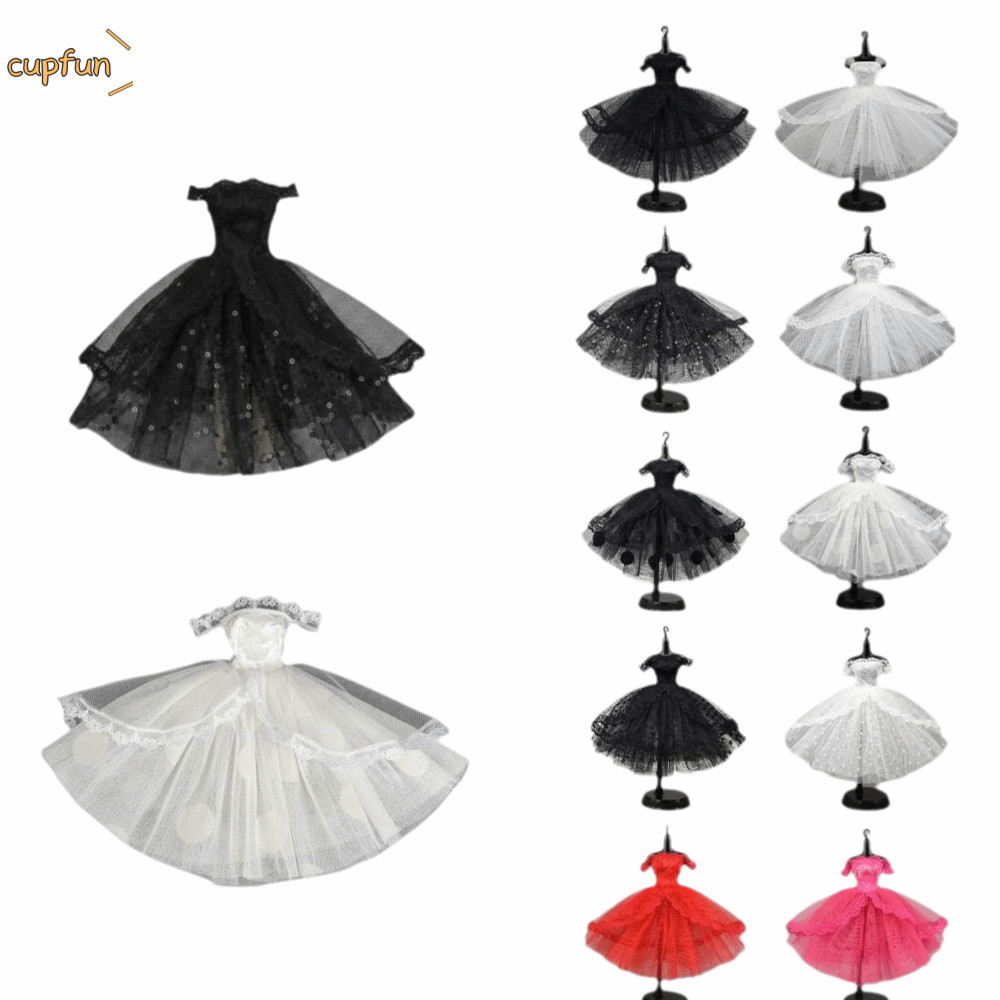 CUPFUN Đầm Công Chúa Màu Đen, Đầm Búp Bê Mini Nhiều Lớp, Ren Tutu Dễ Thương Chấm Đen Búp Bê Quần Áo 