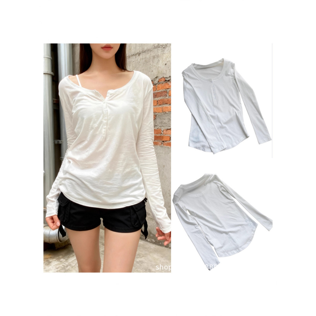 KSWF Air T Shirt Soft and skin-friendly, simple white buttoned large round neck long-sleeve mid-leng