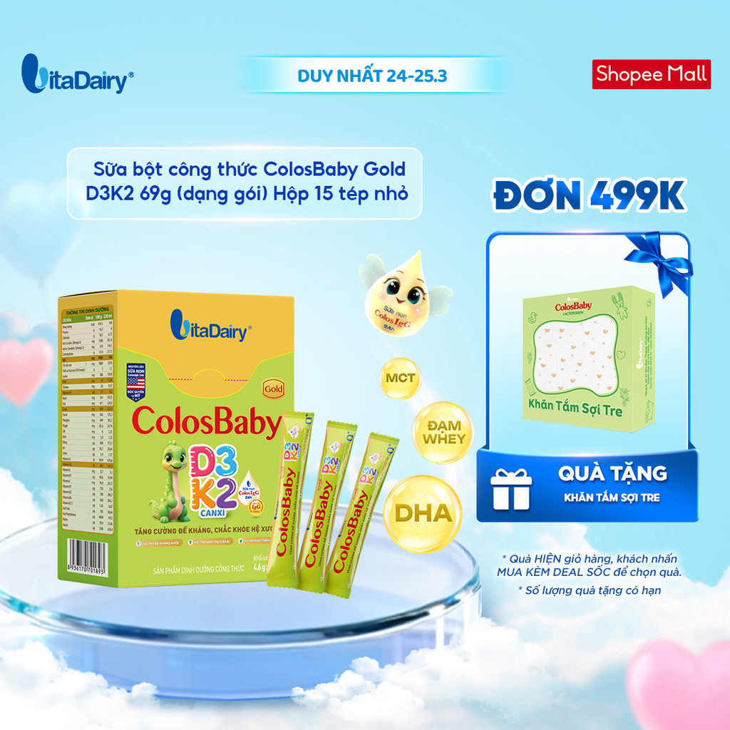 [HỘP 15 TÉP] Sữa bột ColosBaby Gold D3K2 cho trẻ – Dạng gói tiện lợi, bổ sung dinh dưỡng – 69g
