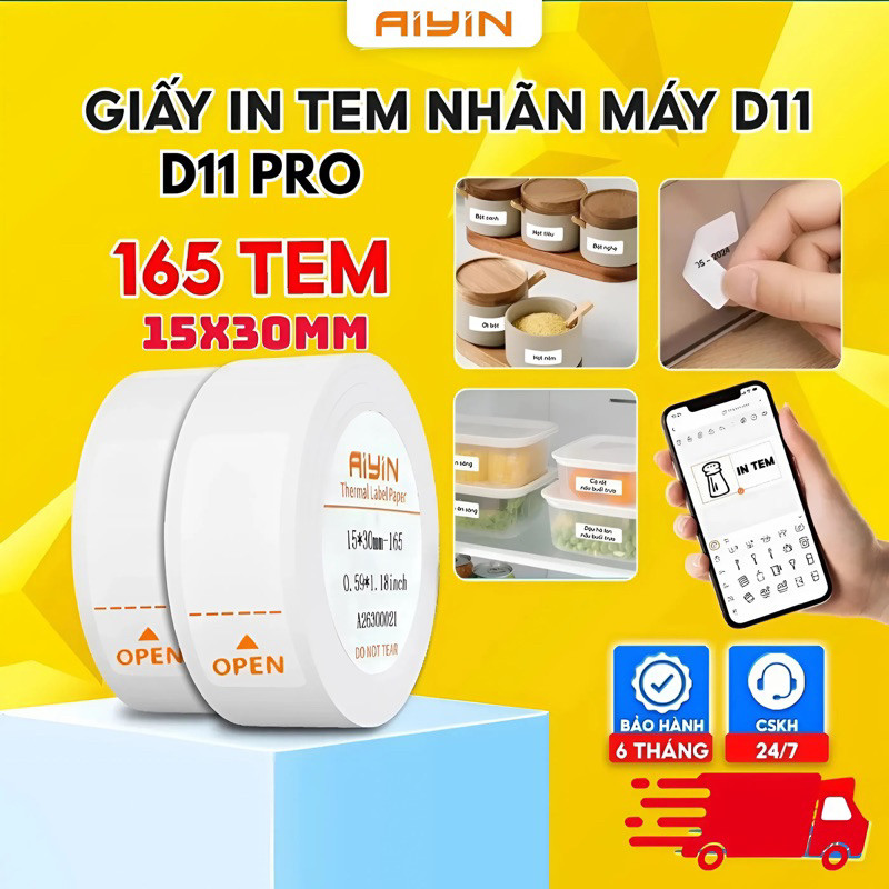 Giấy in tem nhãn D11, Cuộn 165 tem kích thước 15x30mm cho máy PikDik Aiyin D11 pro dạng cuộn tròn, c