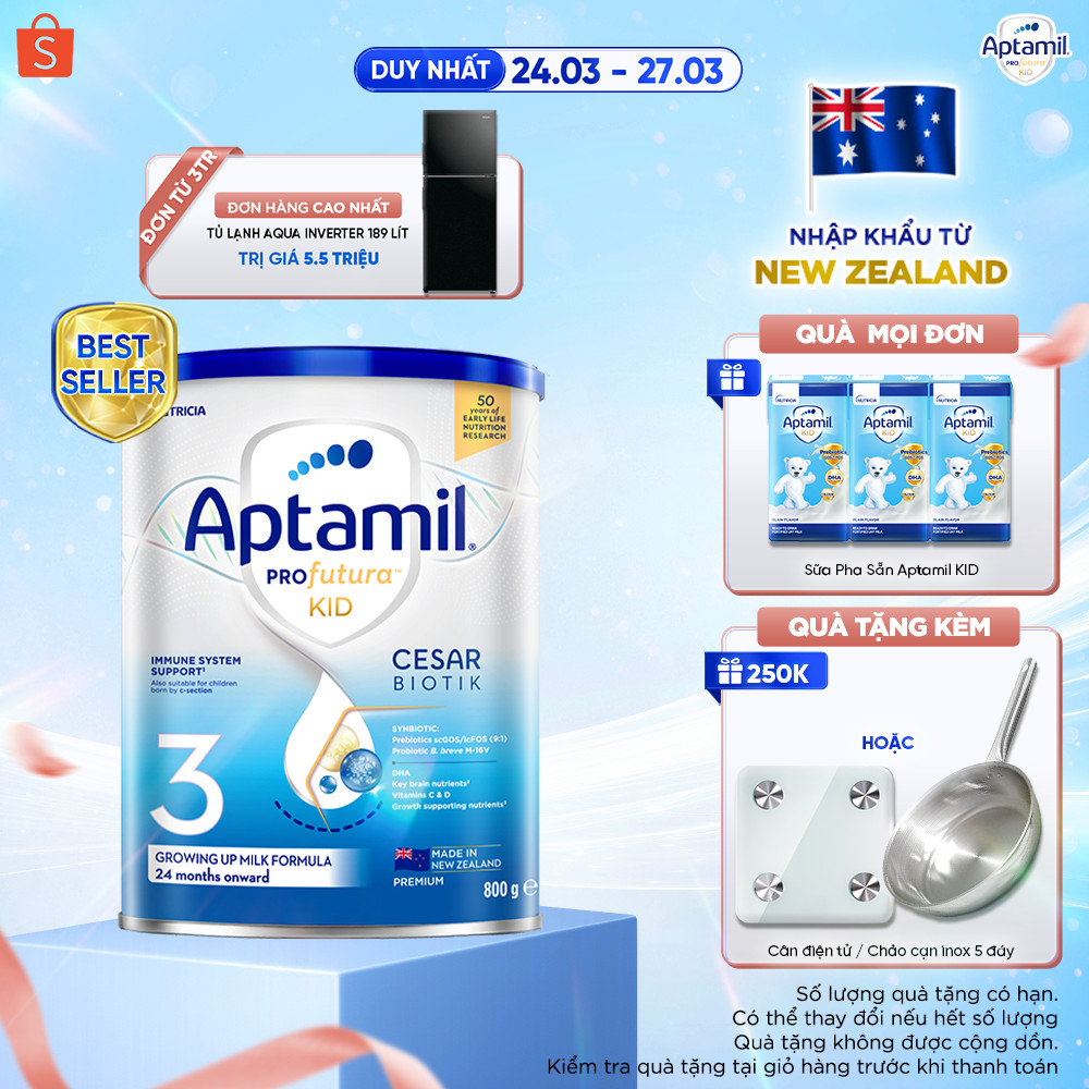 [MUA LÀ CÓ QUÀ] Sữa bột Aptamil Kid Cesarbiotik New Zealand số 3 (800g) cho bé 2-6 tuổi_LS