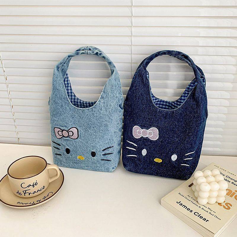 KT Embroidered Denim Bag All-Match Commute Small Carrying Bag Portable Mini Lunch Box Bag Small Rich