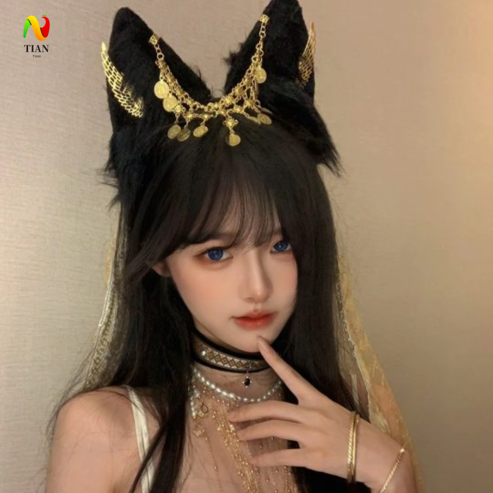Băng đô cosplay Anubis với tua rua sang trọng và cánh vàng gothic, phù hợp làm đạo cụ cho trang phục