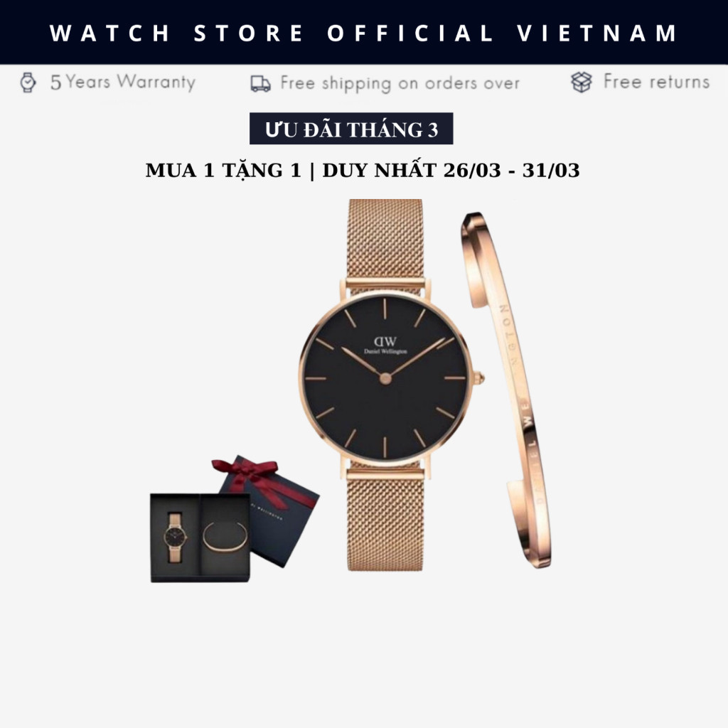 [Chính Hãng] Đồng Hồ Nữ Daniel  Petite Melrose Black Mặt Tròn, Size 28mm, 32mm, 36mm,Vòng Cuff Chính Hãng