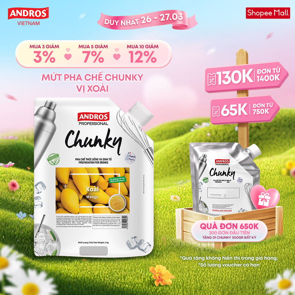 Mứt Pha Chế Xoài - Có miếng trái cây thật - Nguyên liệu pha chế - ANDROS CHUNKY - 1kg