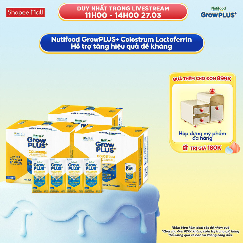Combo 3 Thùng 24 hộp Sữa bột pha sẵn Nutifood Sweden GrowPLUS+ Colostrum Lactoferrin 110ml