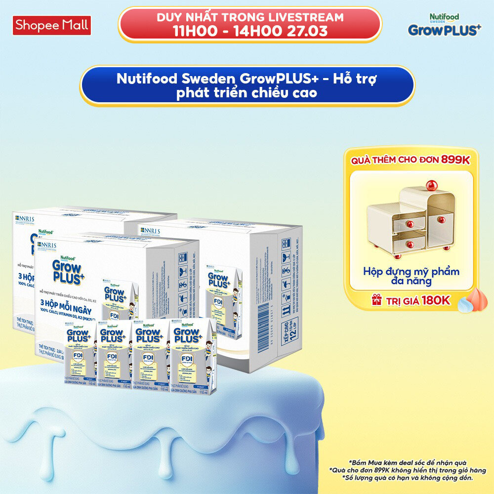 Combo 3 thùng 24 hộp Sữa Bột Pha Sẵn Nutifood Sweden GrowPLUS+ Cao lớn vượt trội 110 ml