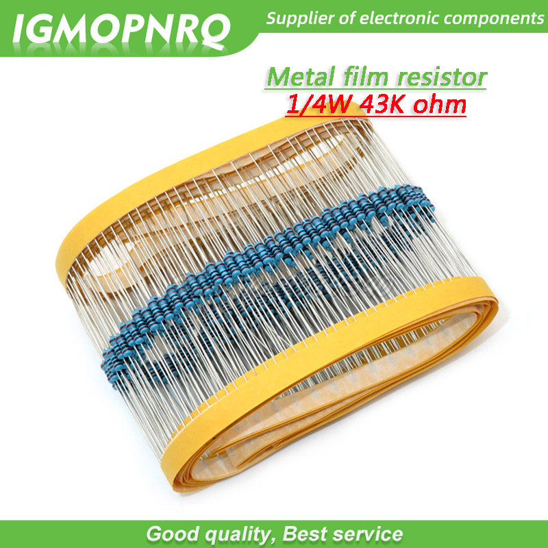 100 Chiếc Kim Loại Phim Điện Trở Năm Màu Vòng Dệt 1 / 4W 0,25W 1% 43K 43K ohm 43Kohm