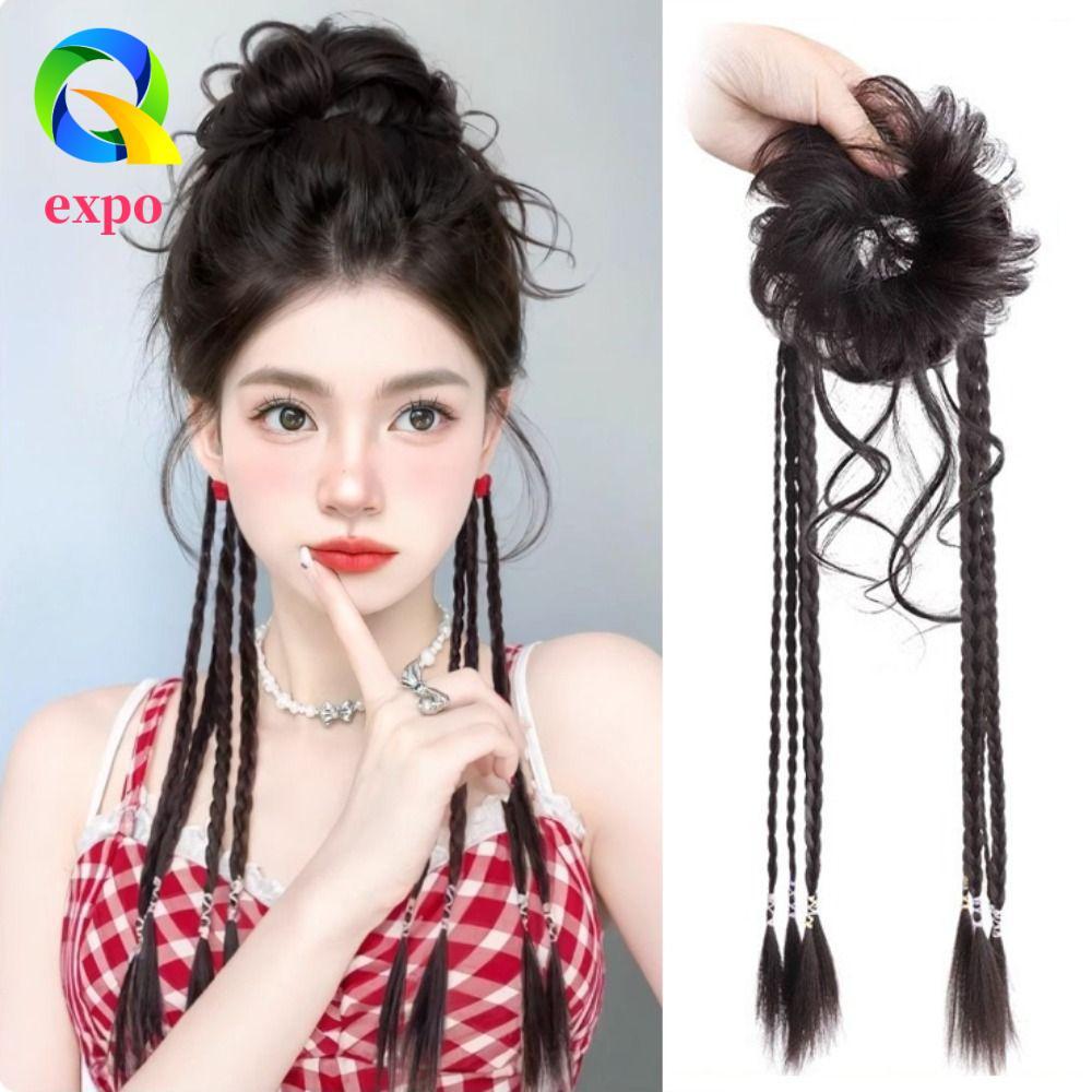 EXPO LIMIT Twisted Braid Hair Extension Bun - Elastic Scrunchie Ball Headband, Curly Chignon Party A