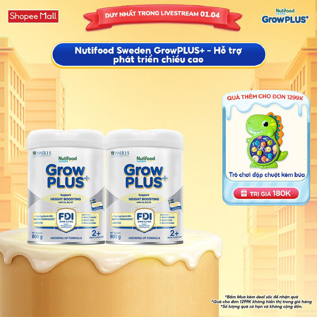 Combo 2 Sữa Bột Nutifood Sweden GrowPLUS+ Cao lớn vượt trội trên 2 tuổi (Bạc) 800g