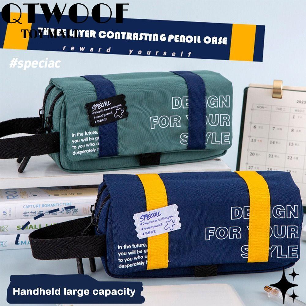 Bút Chì QTWOOF, Túi Đựng Bút 3 Lớp In Chữ, Bút Chống Bụi Bẩn Di Động Dung Tích Lớn Bền Đẹp Học Sinh