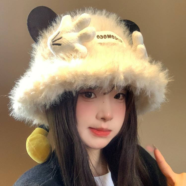 Cute Mickey Small Hand Doll Plush Fisherman Hat Autumn and Winter Cold-Proof Warm Face Small Hat Buc