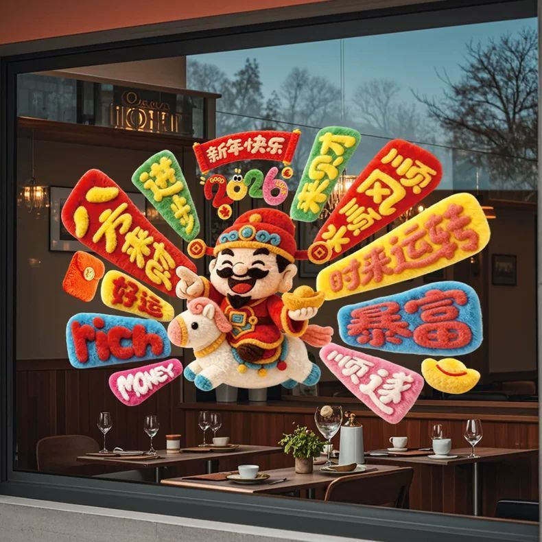 New Product#2026New Year Horse Year Plush Dopamine Window Decoration New Year Colorful 3D Sticker Ne