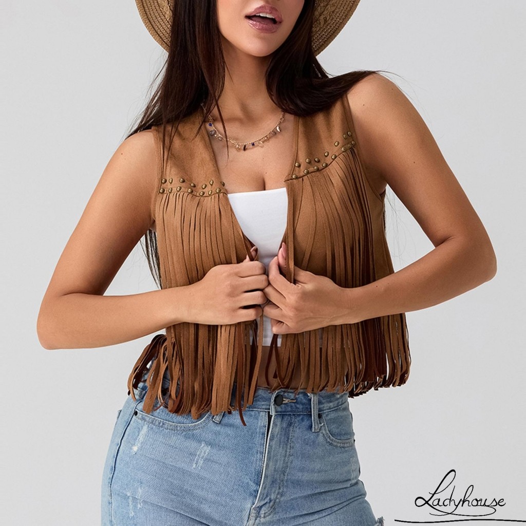 LDD Nữ - Áo Khoác Da Lộn Tua Rua, Style Hippie, Không Tay