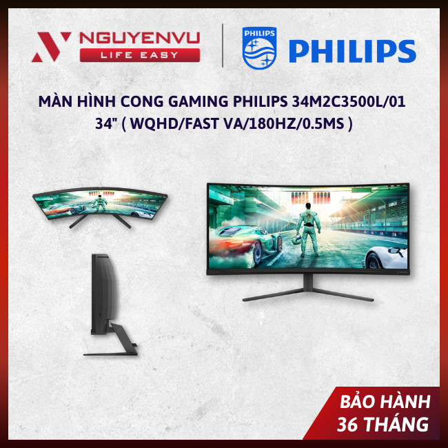 [CHÍNH HÃNG] Màn Hình Cong Gaming Philips 34M2C3500L/01 34" ( WQHD/Fast VA/180Hz/0.5ms ) - BẢO HÀNH 