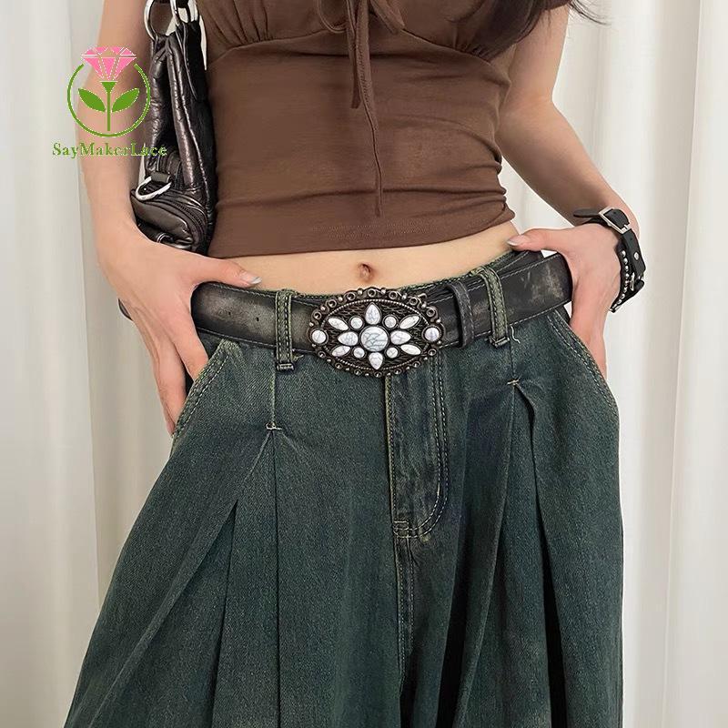 [SayMakerLace] Vintage Đá Trắng Bule Thắt Lưng Hoa Khắc Thắt Lưng Da Nổi Boho Thắt Lưng Phương Tây Q