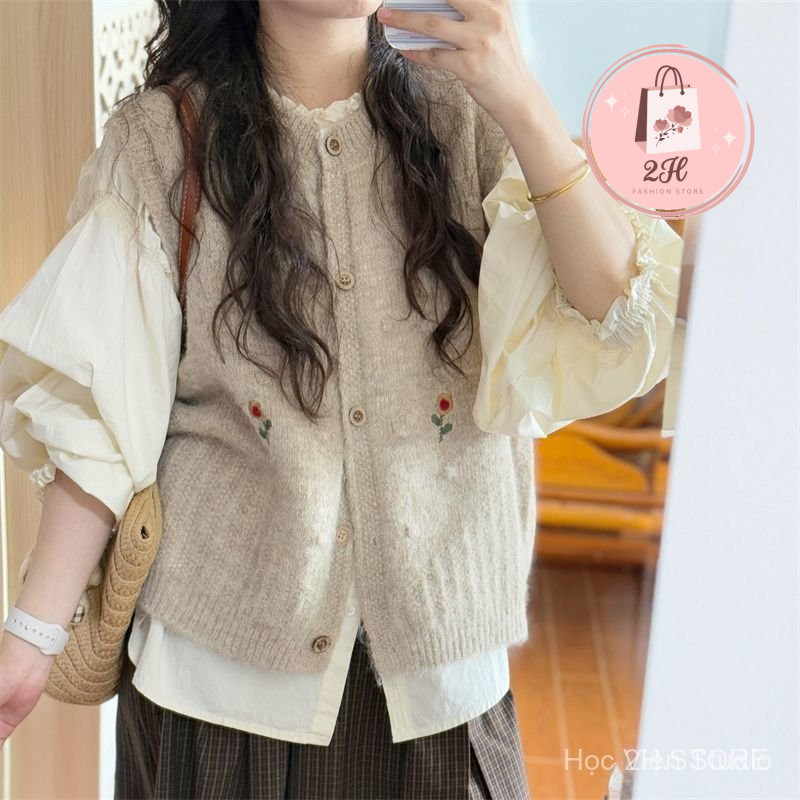 [Order] Set 2 Món Áo Gile Len Hoa Nhí Phối Áo Sơ Mi Tay Phồng Phong Cách Vintage Hàn Quốc
