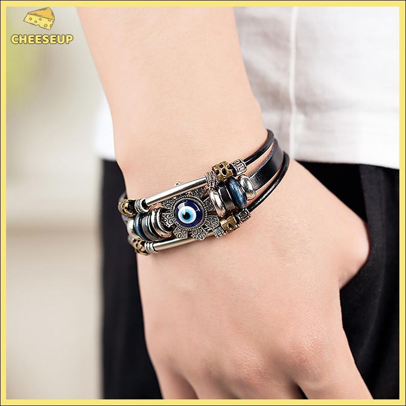 Luy Eye Evil Eye Vòng tay Punk Vòng tay thủ công bằng da nhiều lớp