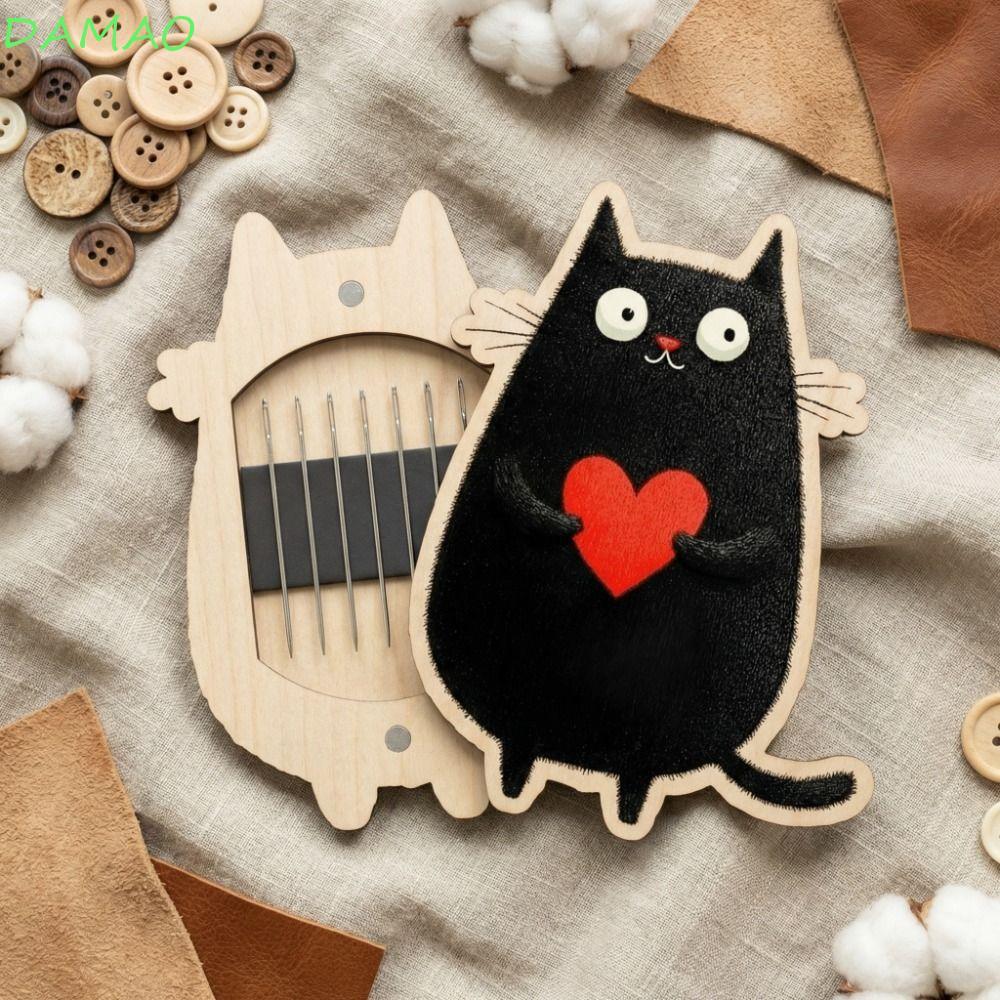 Hộp chỉ kim DAMAO, Hộp lưu trữ may bằng gỗ từ tính, Phim hoạt hình dễ thương Mini hình mèo Dụng cụ l