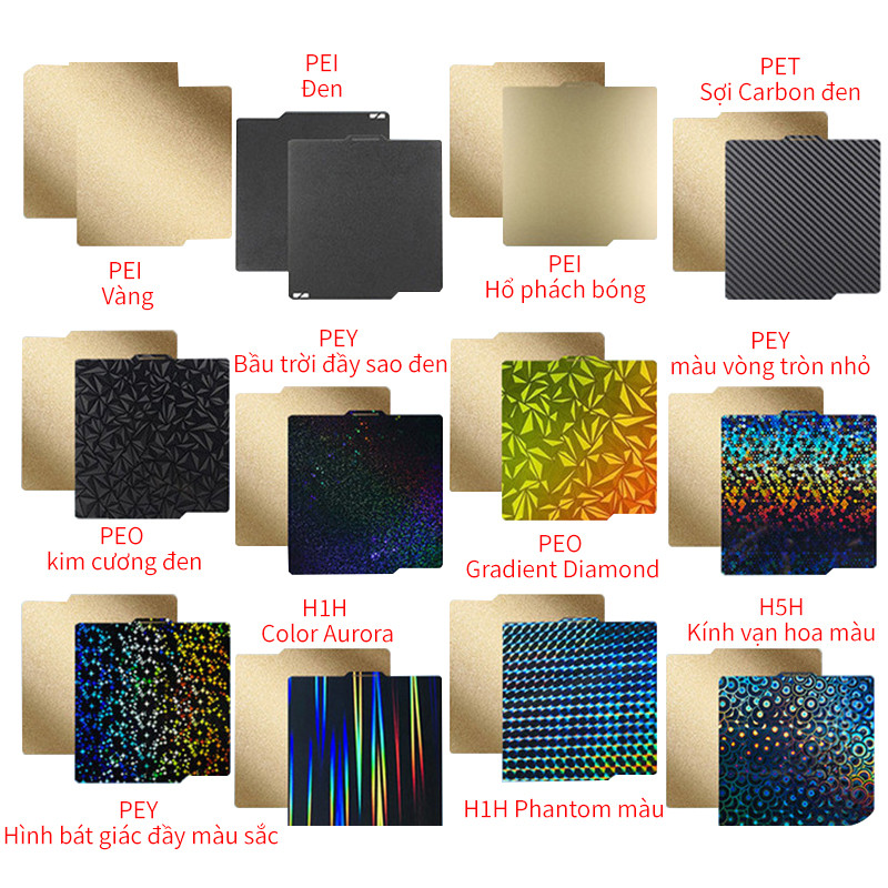Bảng In PEI Hai Mặt Bằng Thép Lò Xo 257x257mm Cho Bambu Lab A1 P1 P1S X1 Series - Phụ Kiện In 3D, Bá