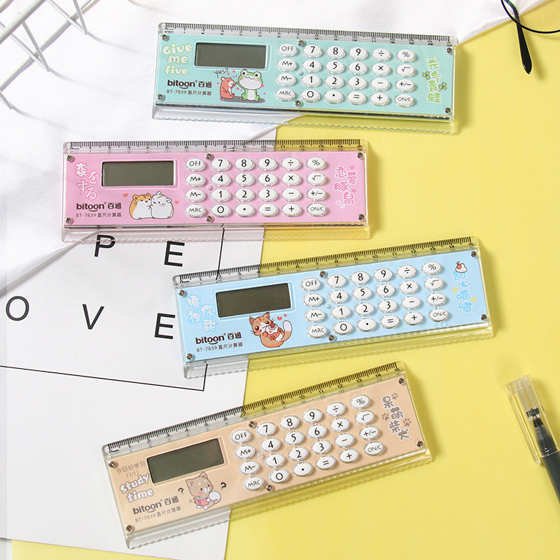 Spot Goods#Bailton7839Mini cartoon cute gift ruler with calculator, Korean version, personalized and