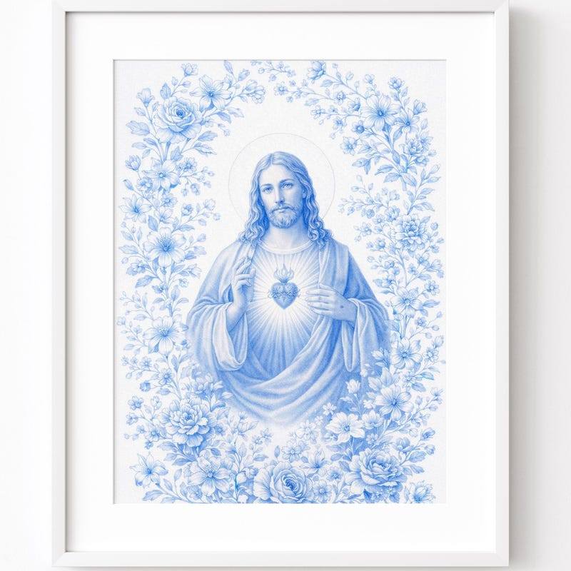 Blue Sacred Heart of Jesus Wall Art Poster Công giáo Kitô giáo
