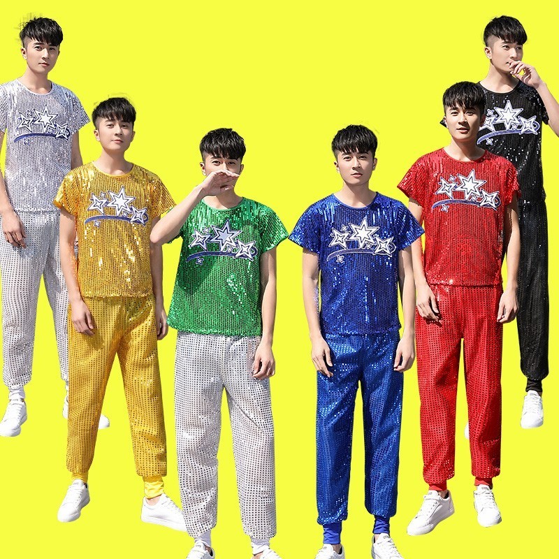 Nam Bạc sequined Áo thun bling bling quần set vàng sáng bóng tay ngắn Áo Jazz khiêu vũ biểu diễn quầ