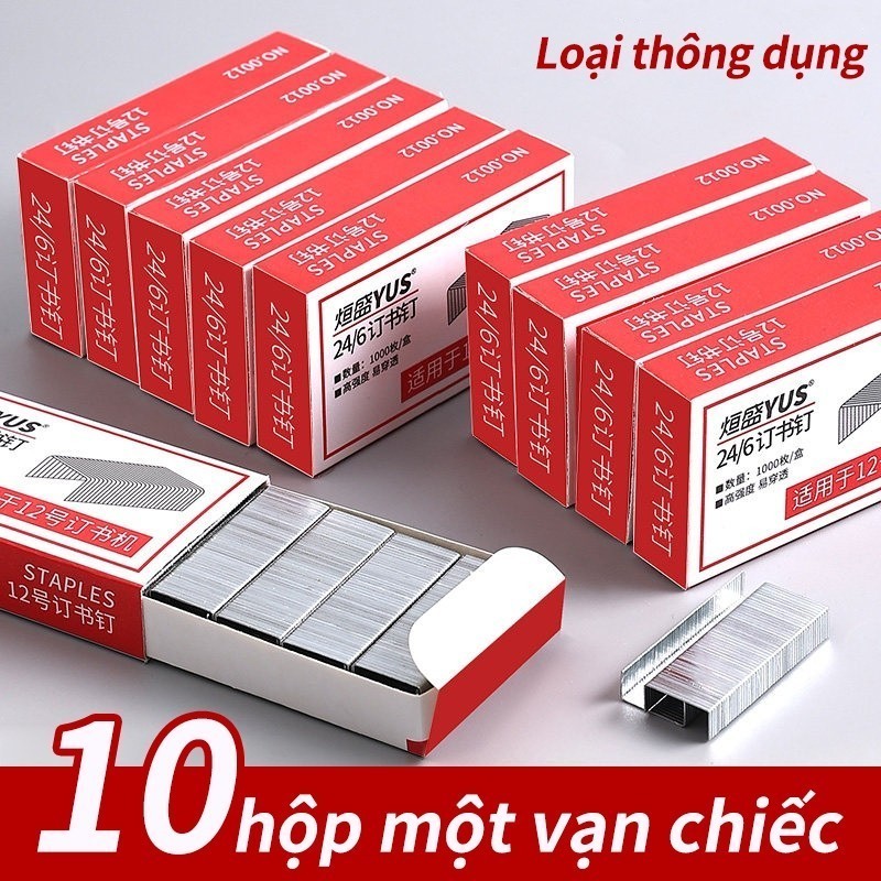 Ghim Bấm Giấy - Bộ 10 Hộp Ghim Bấm Phổ Biến, 1000 Đinh Ghim Bấm Cho Máy Dập Ghim Văn Phòng