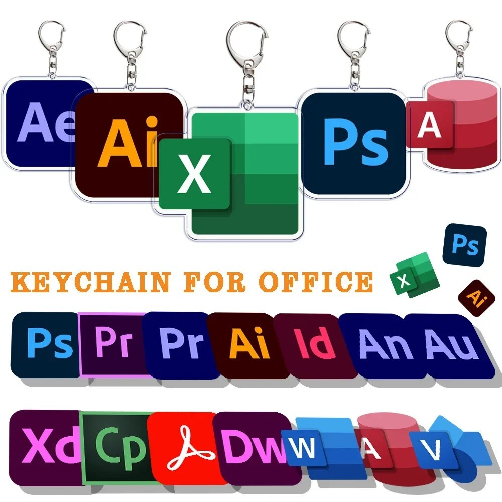 Móc khóa Logo phần mềm Adobe Photoshop Ps Ai Pr Excel Word Móc khóa Mica Acrylic 2 mặt quà tặng độc 
