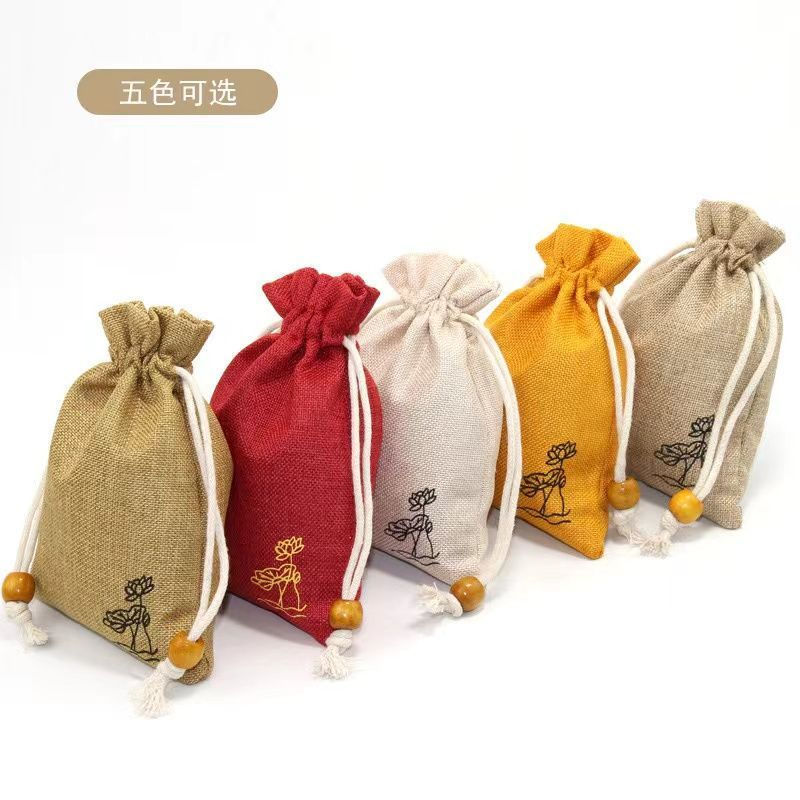 Cotton and linen pouch for storing jewelry and cultural items, with lotus design, in Asian style12y 