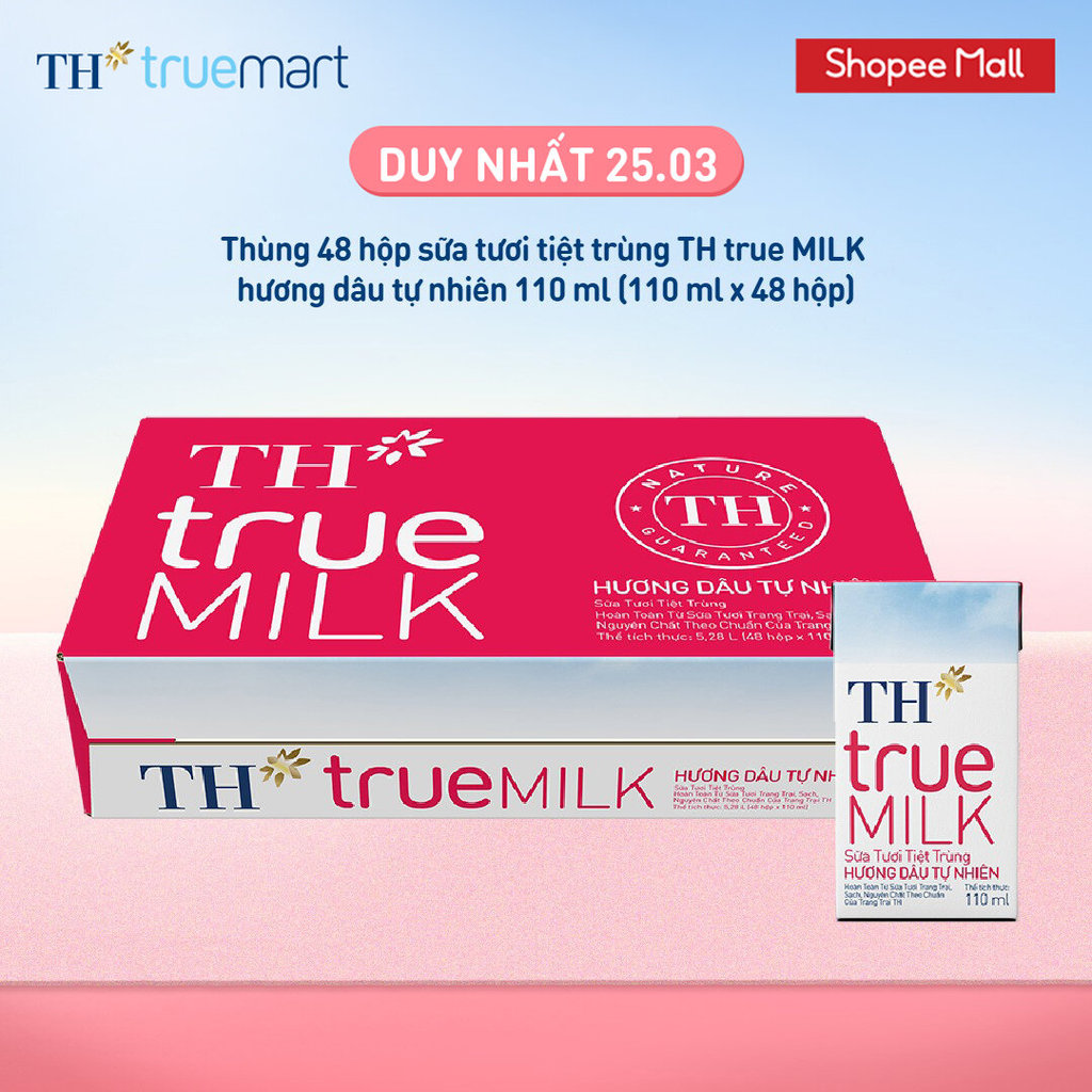 Thùng 48 hộp sữa tươi tiệt trùng TH true MILK hương dâu tự nhiên 110 ml (110 ml x 48)
