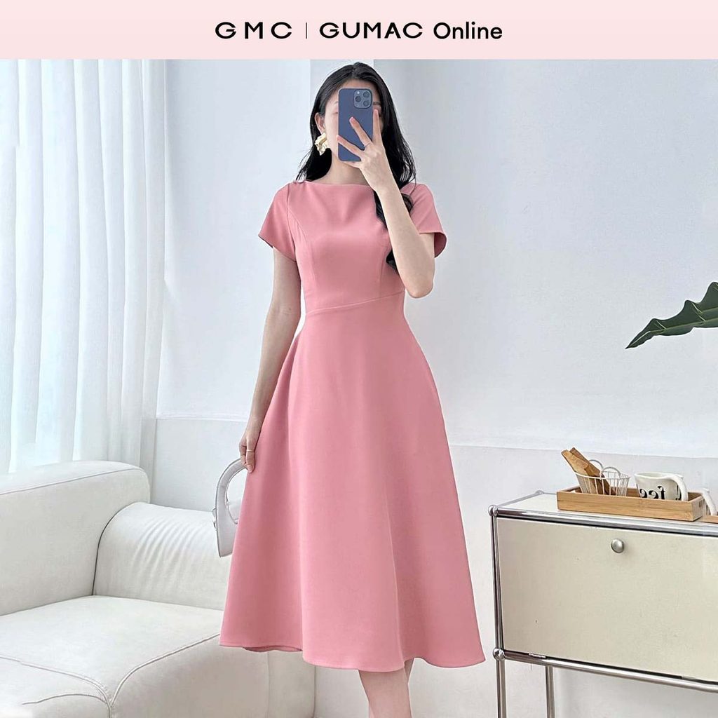 Đầm nữ dáng A xòe cổ ngang lệch vai đính nút thanh lịch tôn dáng đi tiệc thời trang GUMAC LDF0533