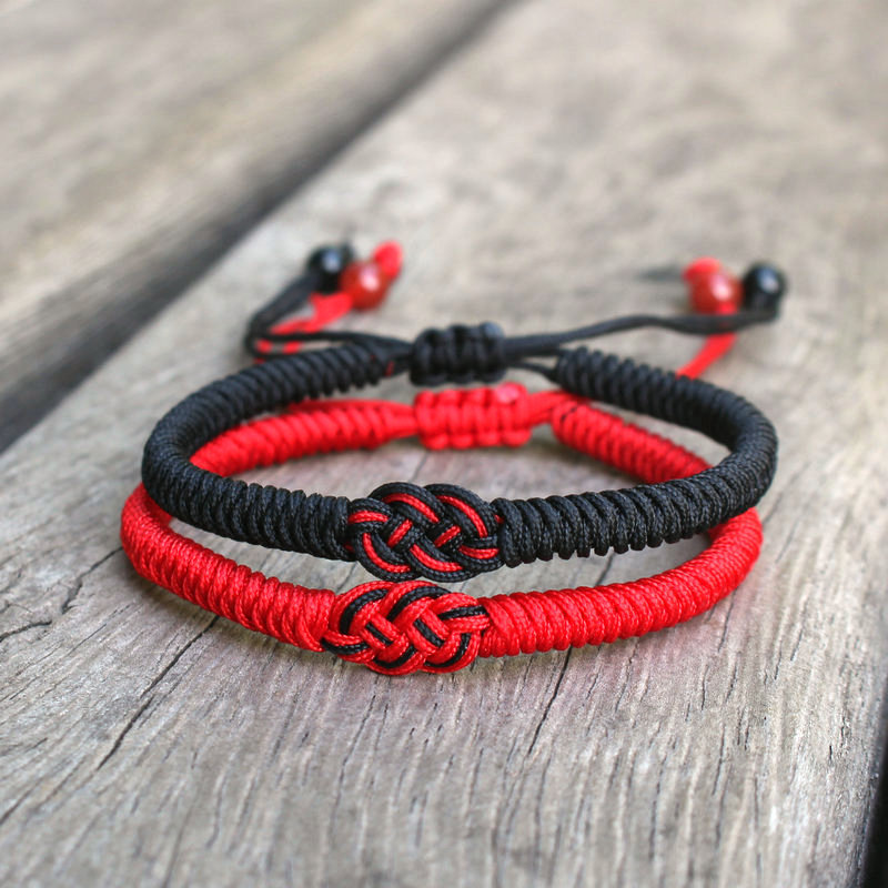 Zodiac Year Red Rope Bracelet, Handmade Adjustable Vajra Knot Double Coin Knot Bracelet, Couple's He