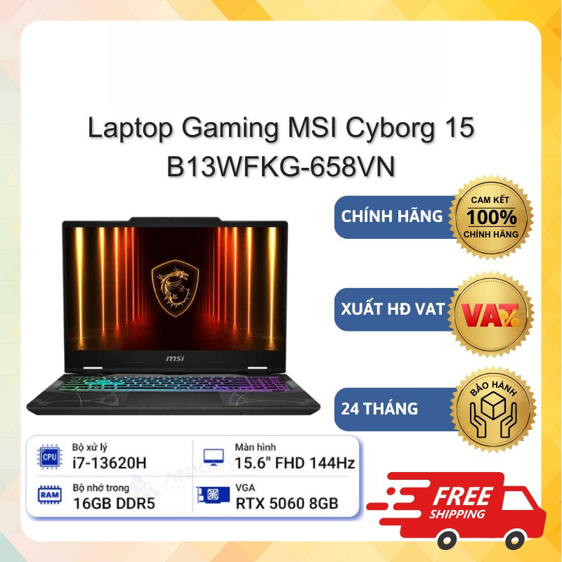 Laptop MSI Cyborg 15 A13UC-2082VN i7-13620H-RAM 16GB - 512GB SSD-RTX 3050-Hàng New Bảo hành 24 tháng