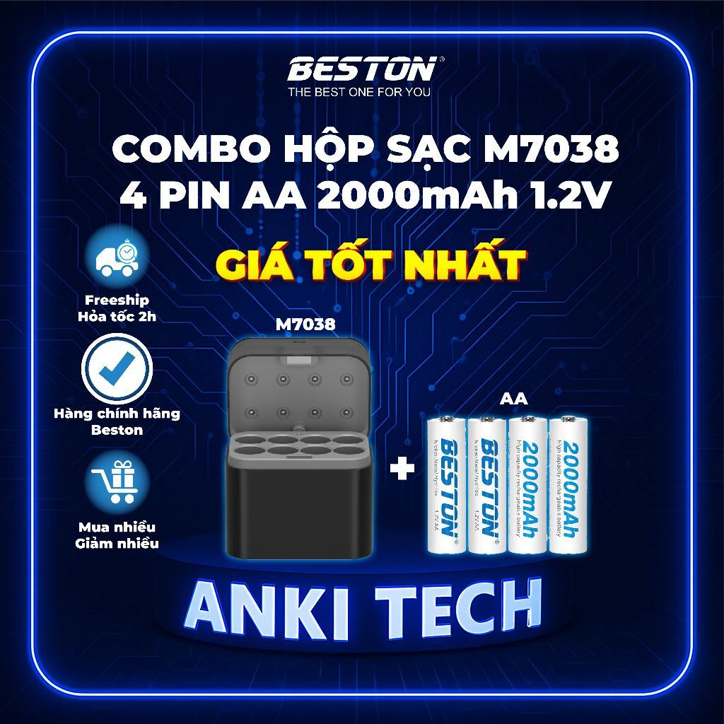 Combo Hộp sạc pin M7038 + Pin AA 1.2V & 1.5V thương hiệu Beston, dùng cho thiết bị điện, điện tử