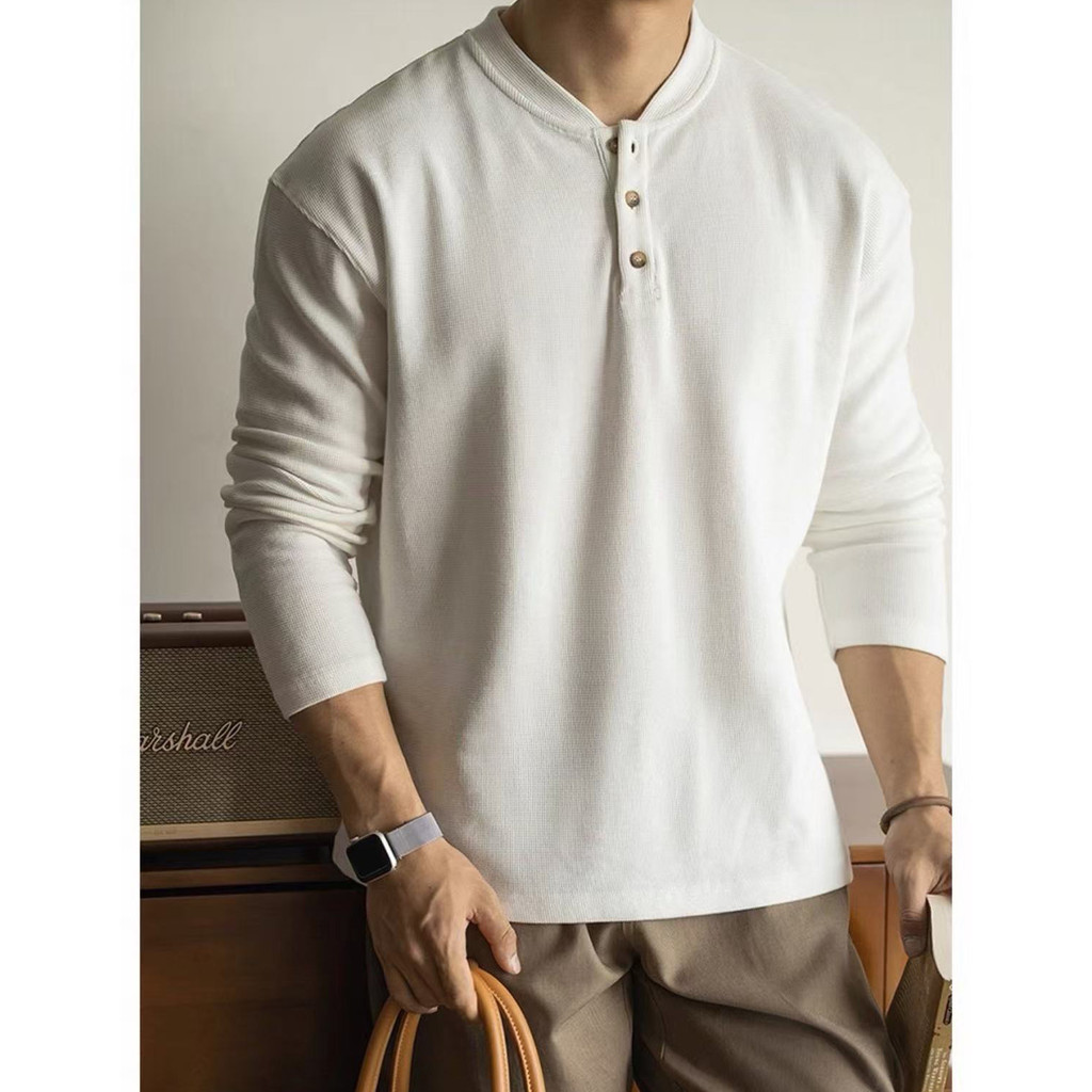 American-style waffle Henley collar solid color casual long sleeve shirt T T-shirt Men and Women