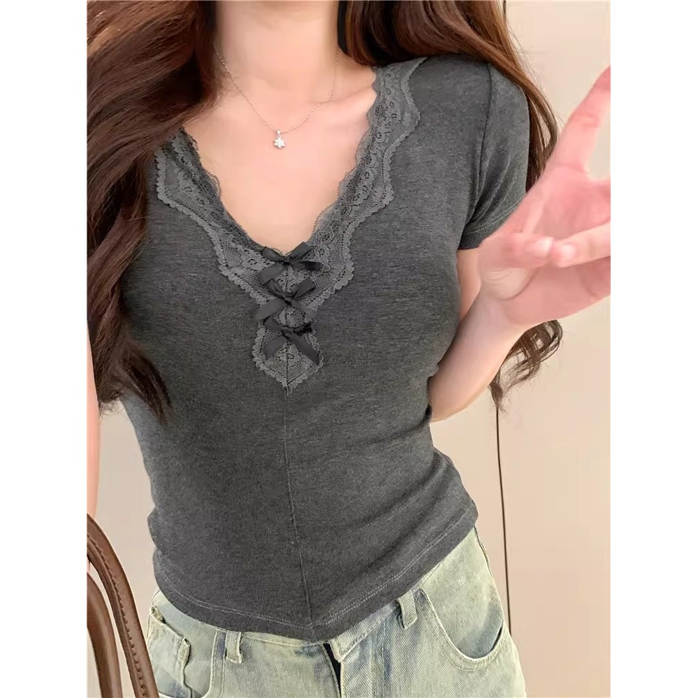 Áo thun nữ ren ren nơ ngắn Slim-fit phong cách Hàn Quốc hàng đầu | BigBuy360 - bigbuy360.vn
