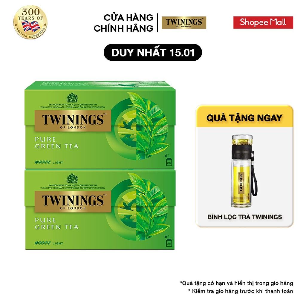 Combo 2 Trà xanh Túi Lọc Twinings - Pure Green Tea - Hộp 25 Gói 1.8G