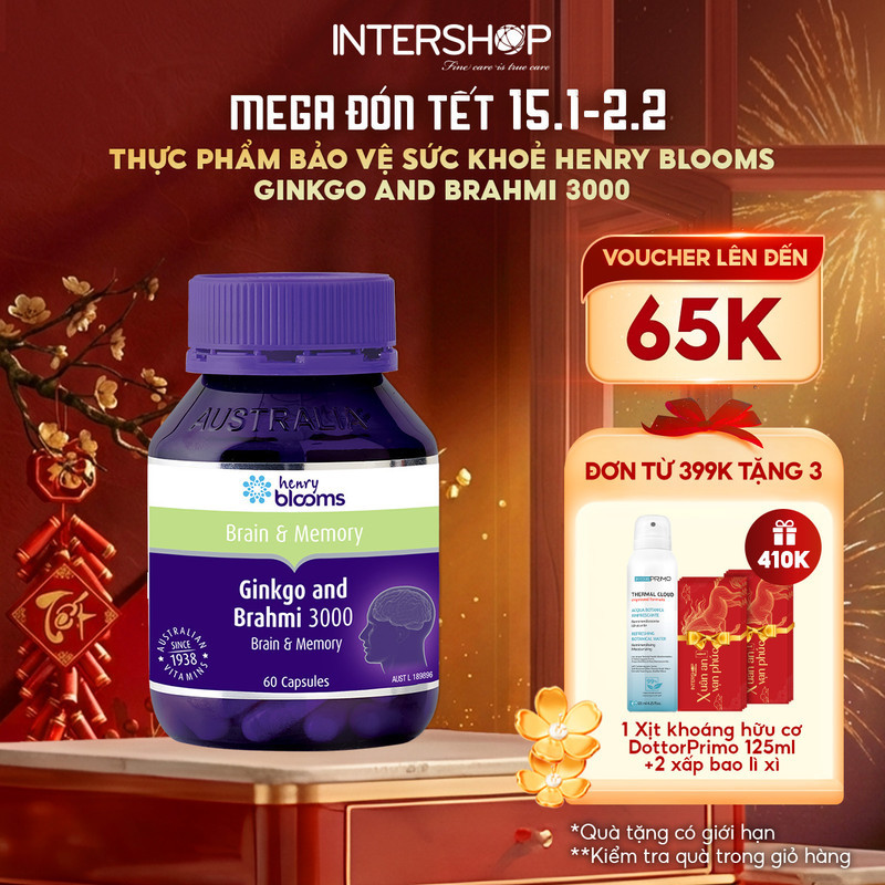 Viên uống hỗ trợ hoạt huyết Henry Blooms Ginkgo & Brahmi 3000 (60 viên) tăng cường tuần hoàn máu não HB0006/18 | BigBuy360 - bigbuy360.vn