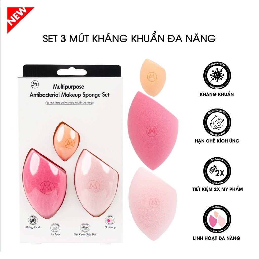 Bộ 3 Mút Tán Nền Trang Điểm Mastige Kháng Khuẩn Đa Năng Multipurpose Antibacterial Makeup Sponge Set
