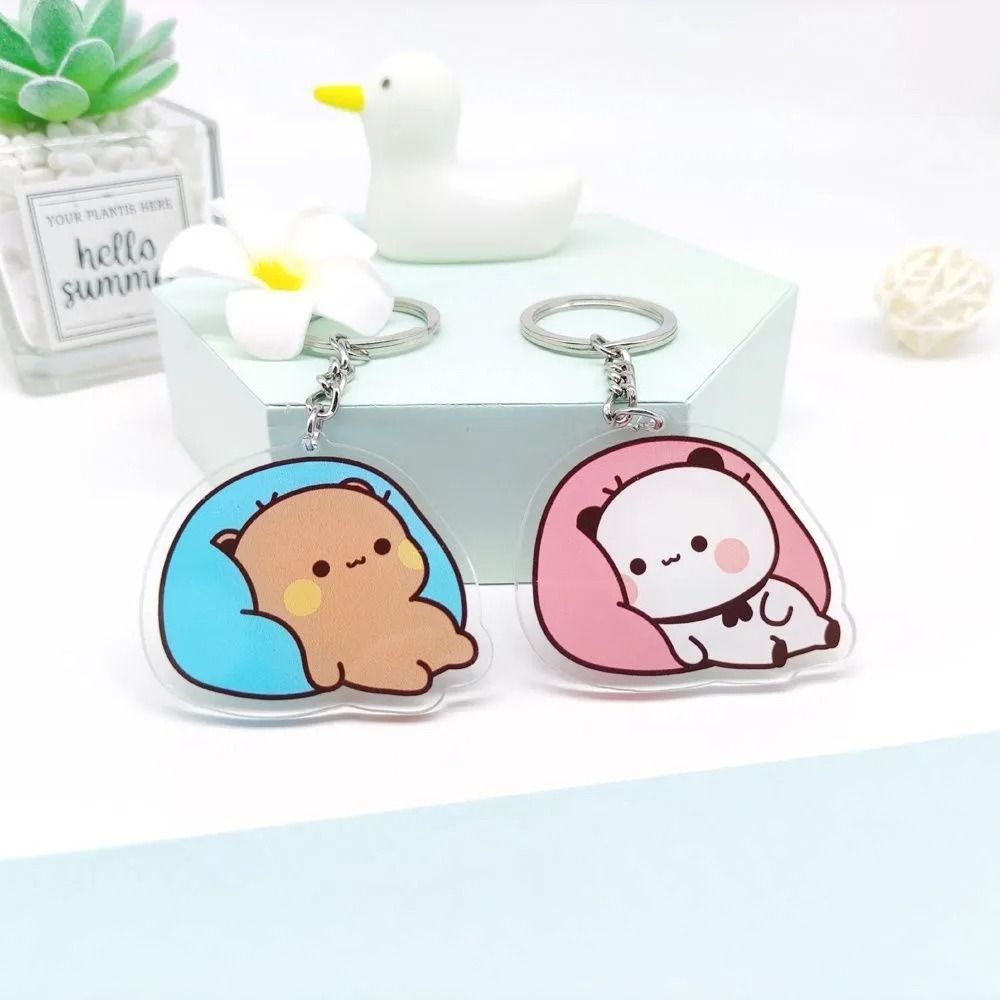 Acrylic Super Cute Couple Keychain Animal Cartoon Bubu Dudu Panda Bear Keyring Kawaii Sweet Cute Car