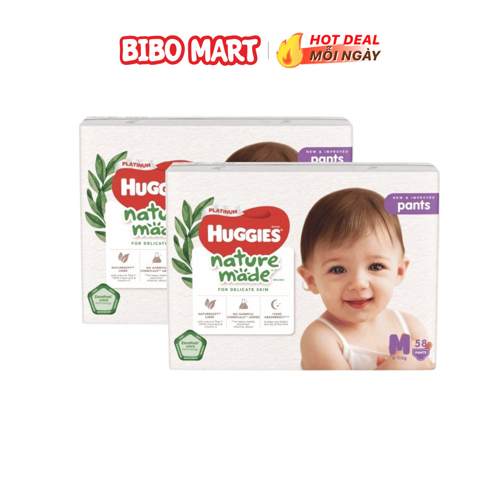 Tã Quần Huggies Platinum Nature Made Thấm Hút Chống Tràn Size M 58 Miếng (Bé Từ 6-10kg) - Bibo Mart