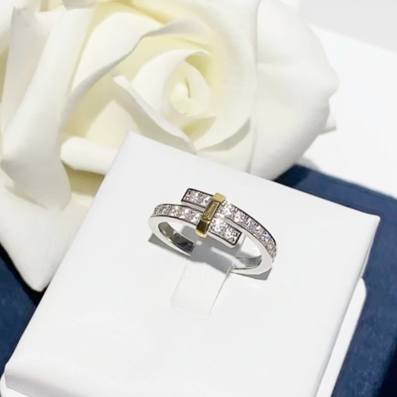 Tiff* New Round Full Diamond Color-Blocked Ring for Women Edge Surrounding Diamond-Studded Narrow Ba