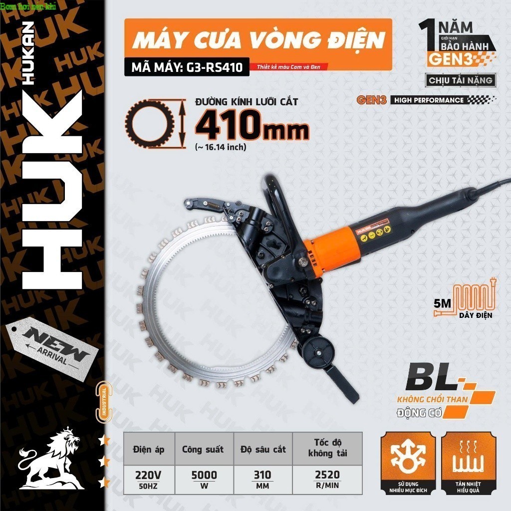 Máy Cưa Vòng Điện HUKAN G3-RS5410 (Gen 3), Công Suất Khủng 5000W, Lưỡi Cắt 5410mm, Nén Khí HUKAN