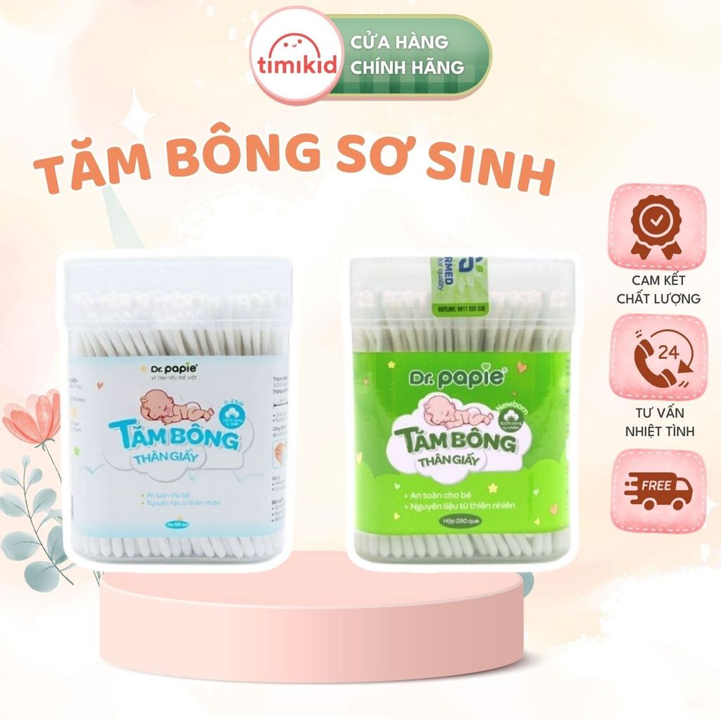 Tăm Bông Sơ Sinh Thân Giấy Dr.Papie - Hộp 200 / 280 chiếc - Mềm Mại, An Toàn