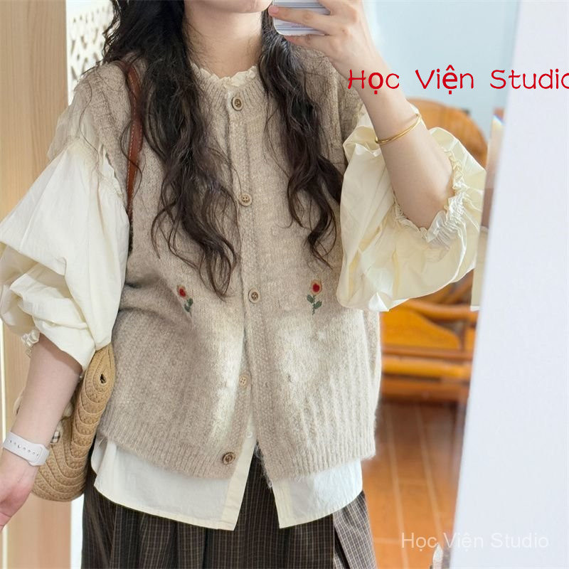 Set Đồ Phong Cách Hàn Quốc Áo Len Hoa Gile Phong Cách Retro Kết Hợp Áo Sơ Mi Tay Phồng