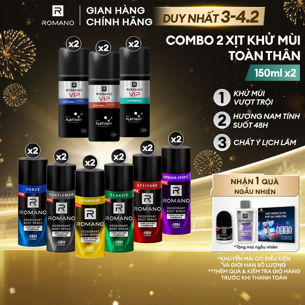 Combo 2 Xịt toàn thân ngăn mồ hôi và mùi cơ thể Romano 150ml/chai - 9 Mùi Hương