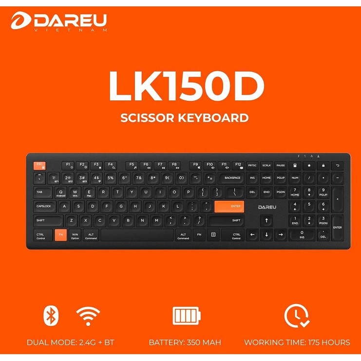 Keyboard ko dây Dareu LK150D Black Orange (Dual Mode, Scissor Switch) chính hãng. Bàn phím không dây