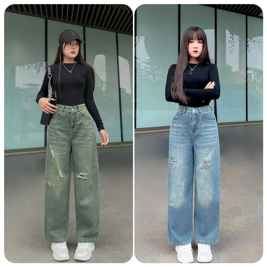 Quần Bò Jeans Ống Suông Có Chun Sau Rách Q35