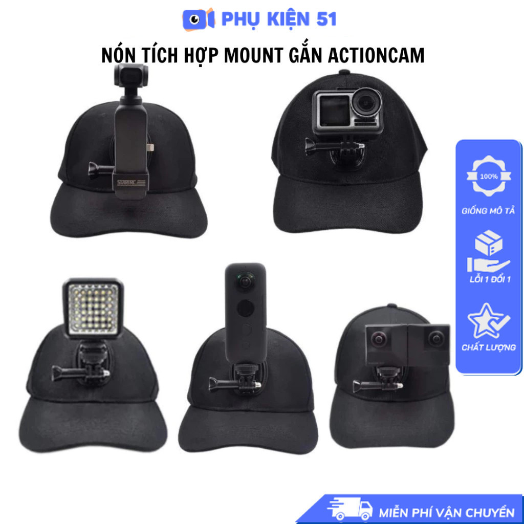 Mũ lưỡi trai gắn GoPro  và Action Cam - Nón đội có mount J gắn GoPro , Actioncam